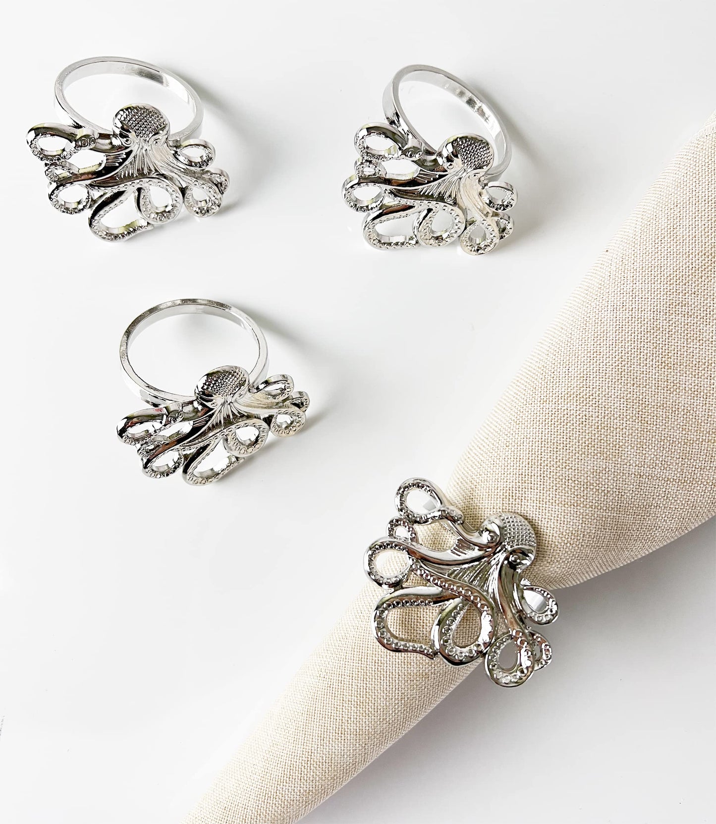 Fennco Styles Coastal Octopus Metal Napkin Rings, Set of 4 - Gold Nautical Napkin Holders for Home Décor, Dining Table, Banquets, Family Gathering and Special Occasions