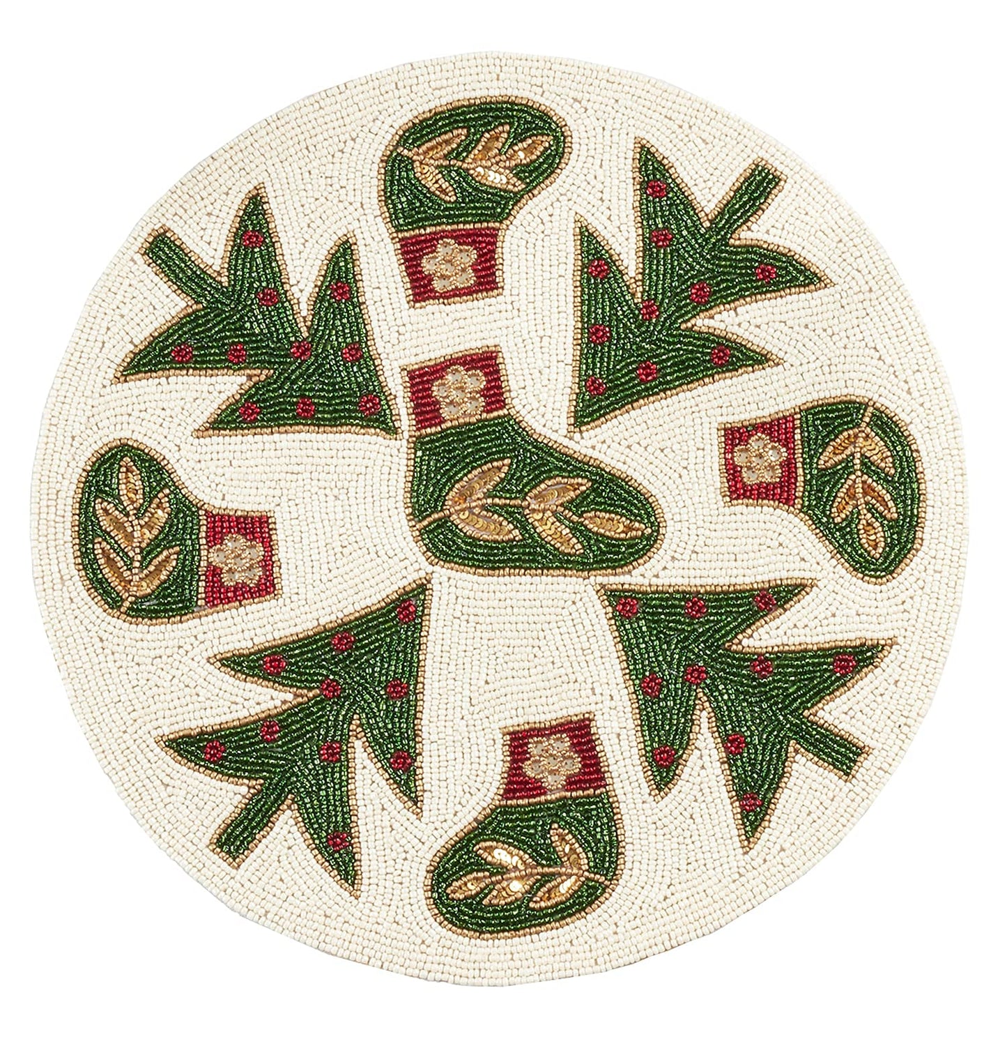 Fennco Style Hand Beaded Christmas Stockings and Trees Holiday Placemat 15" Round, 1-Piece - Red & Green Table Mat for Banquets and Home Décor