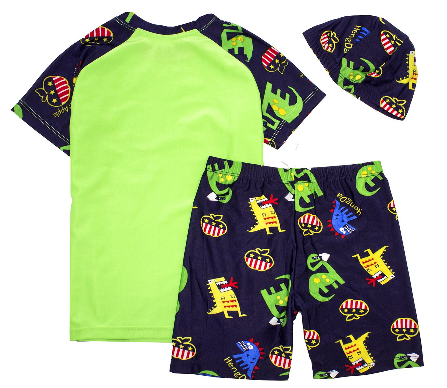 stylesilove Kids Boy Cartoon Dinosaur Shark Rashguard Top & Swim Shorts with Hat 3 pcs Set
