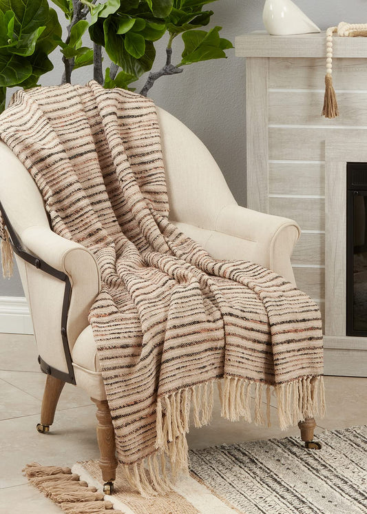 Fennco Styles Rayon Cotton Woven Striped Throw Blanket with Tassel 50" W x 60" L - Natural Lightweight Blanket for Couch, Bedroom and Living Room Décor