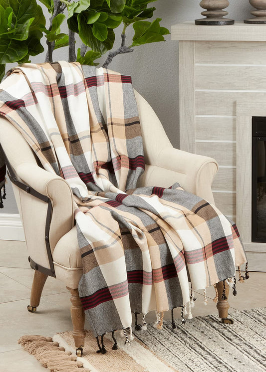Fennco Styles Country Plaid Tassel Cotton Throw Blanket 50" W x 60" L - Multicolor Blanket for Couch, Living Room, Bedroom, Christmas Décor and Everyday Use