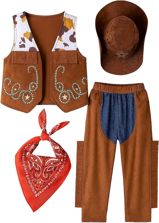 stylesilove Toddler Boy Cowboy 4pcs Outfit with Hat, Vest, Pants & Bandana Brown Clothing Set