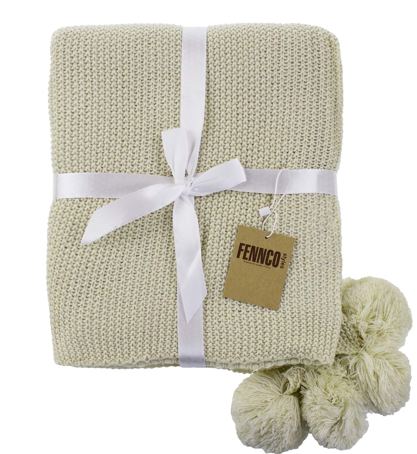 Fennco Styles Chunky Knit with Pom Pom Design Solid Color Throw Blanket 50" W X 60" L - 2 Colors
