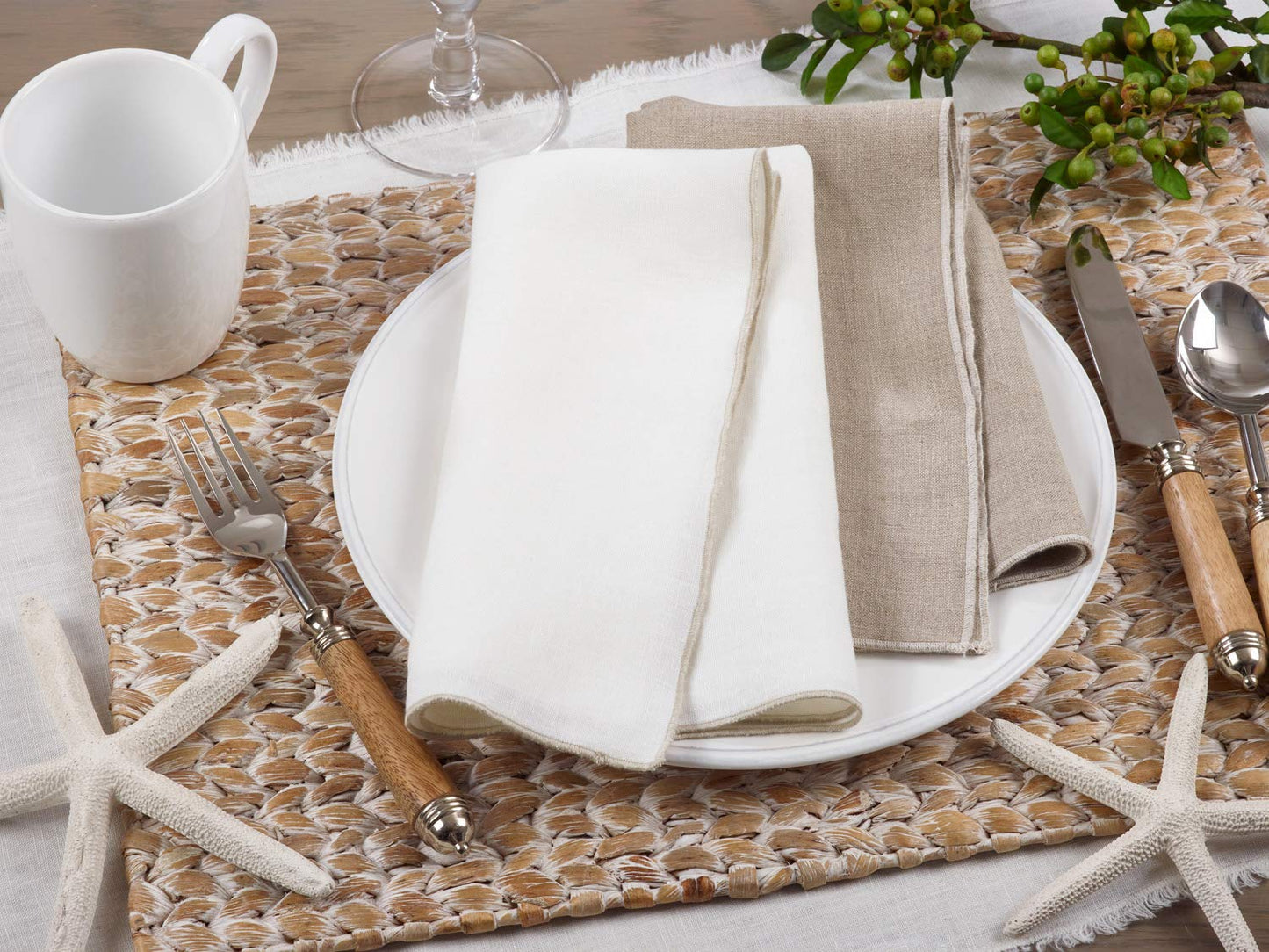 Fennco Styles Amelia Collection Classic Stonewashed Border Stitch 100% Pure Linen 20 x 20 Inch Cloth Napkins – Natural Dinner Napkins for Banquet, Wedding, Special Events and Home Décor