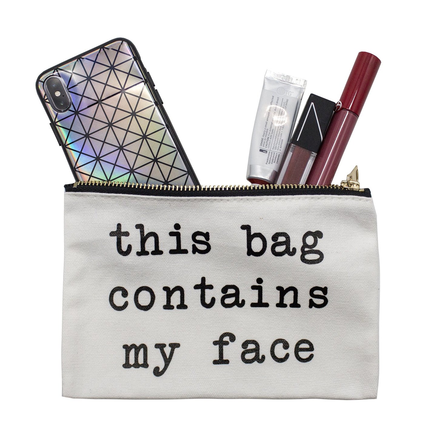 stylesilove Womens Girls 100% Cotton Canvas Stylish Print This Bag Contains My Face Travel Cosmetic Case Makeup Bag Black Multi-use Pouch with Bold Gold Zipper