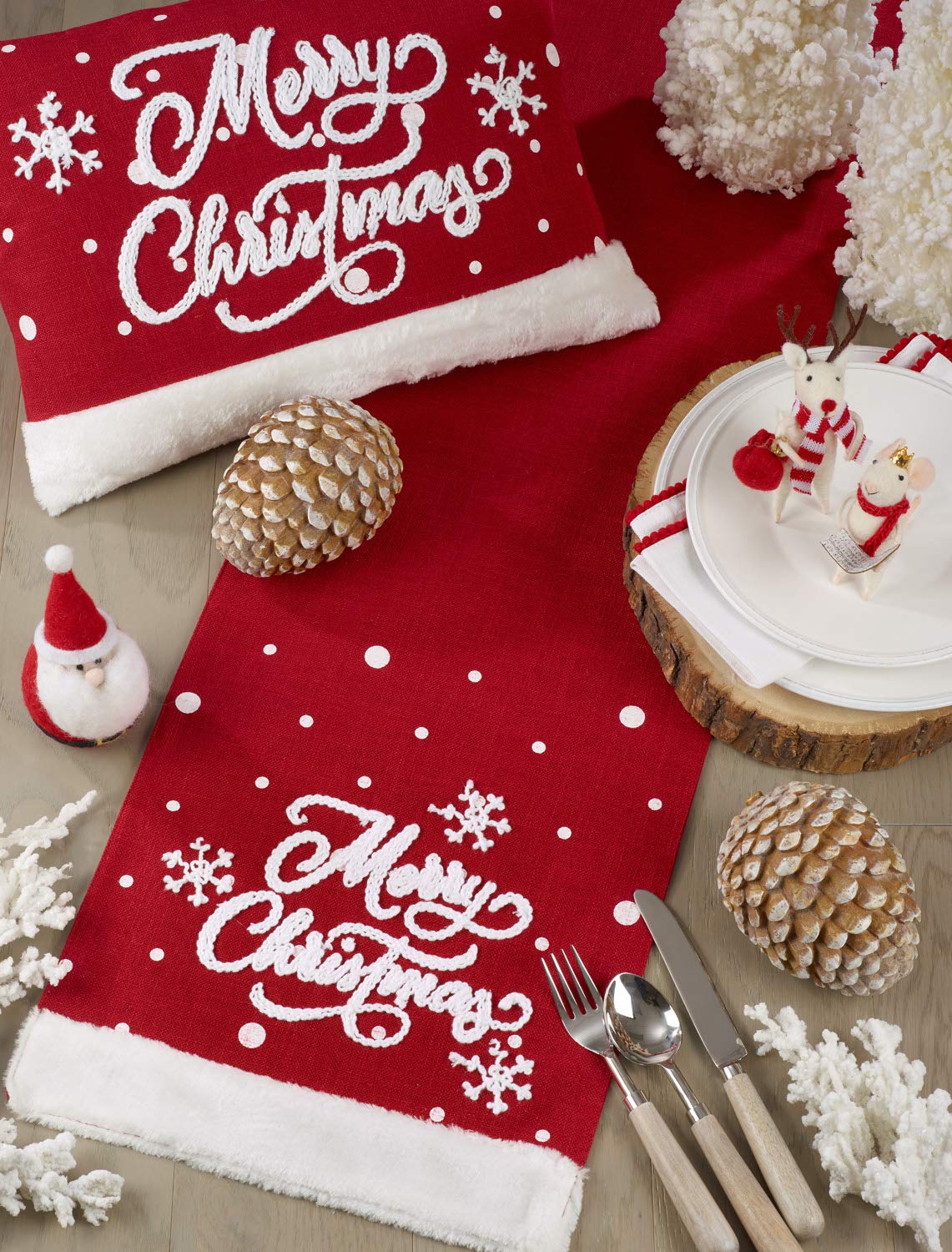 Fennco Styles Embroidered Merry Christmas Snowflake Table Runner 13 x 72 Inch - Red Table Cover for Home Décor, Banquets, Holiday Gathering and Special Events