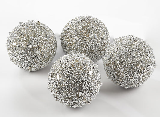Fennco Styles Christmas Beaded Decorative Spheres 4", Set of 4 - Silver Shimmering Orbs for Home, Winter Holidays, Centerpiece, Weddings and Tabletop Décor