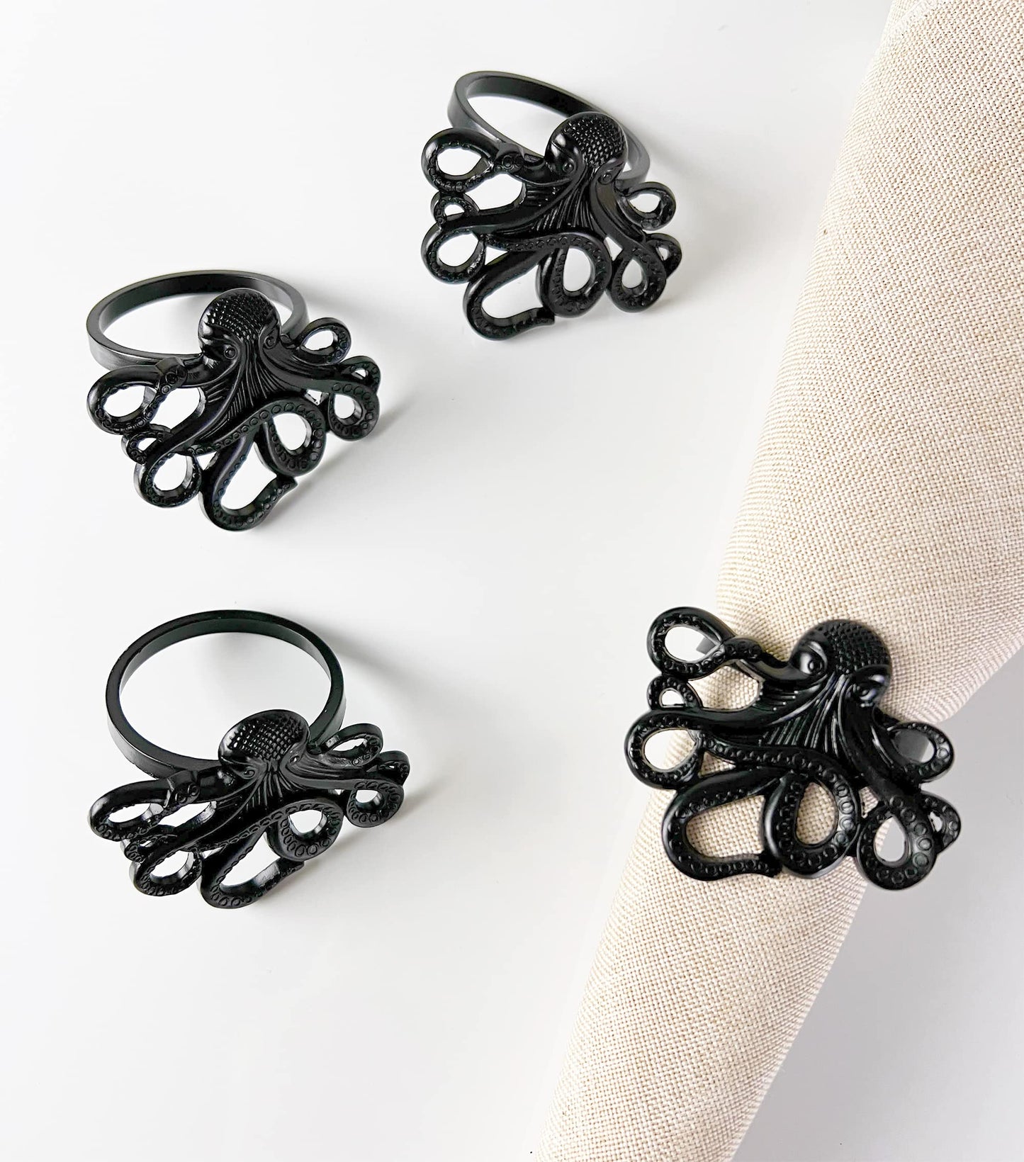Fennco Styles Coastal Octopus Metal Napkin Rings, Set of 4 - Gold Nautical Napkin Holders for Home Décor, Dining Table, Banquets, Family Gathering and Special Occasions