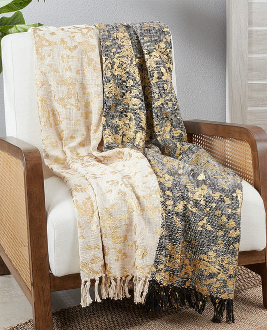 Fennco Styles Black & White Foil Print Tassel Cotton Throw Blanket 52" W x 68" L – Two-Tone Woven Textured Blanket for Bed, Couch, Sofa, Holidays, Home Décor and Office Décor