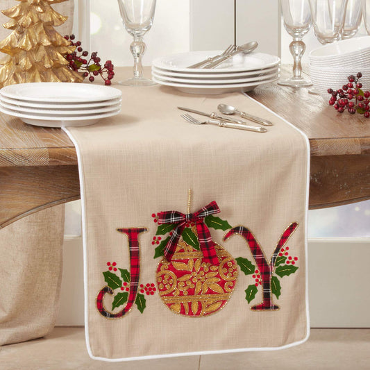 Fennco Styles Joy Ornament Cotton Table Runner 16" W x 72" L - Natural Festive Table Cover for Home Décor, Dining Table, Banquet, Holiday, Christmas and Special Occasion