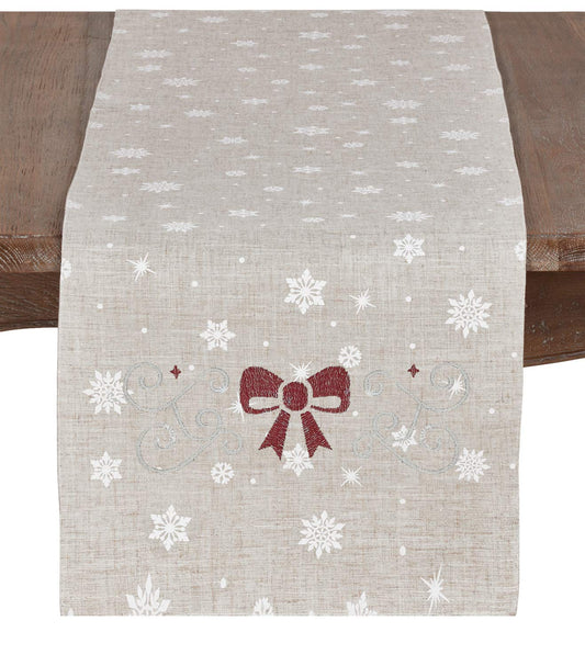 Fennco Styles Holiday Snowflake and Bow Table Runner 16" W x 70" L - Natural Festive Table Cover for Christmas, Dining Table, Family Gathering, Banquets and Special Events