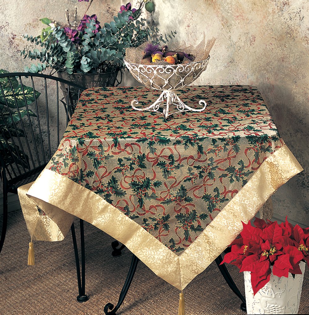 Fennco Styles Holly Ribbon Holiday Christmas Sheer Tablecloth - Gold Satin Border and Tassels Table Cover for Family Dinner, Banquets, Special Events and Home Decor