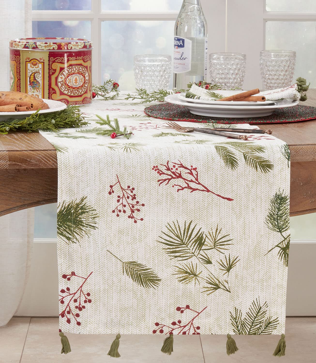 Fennco Styles Pine Needle & Red Berry Cotton Christmas Table Runner with Tassel 16"W x 72"L - Red & Green Festive Table Cover for Home, Dining Room, Winter Holiday Décor, Banquets, and Special Events