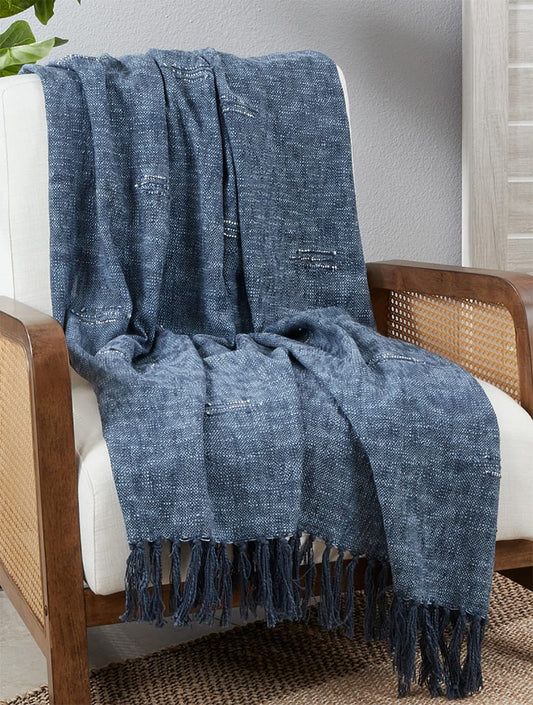 Fennco Styles Stitched Line Tassel Cotton Throw Blanket 52" W x 68" L – Navy Blue Textured Blanket for Bed, Couch, Sofa, Holidays, Home Décor and Office Décor