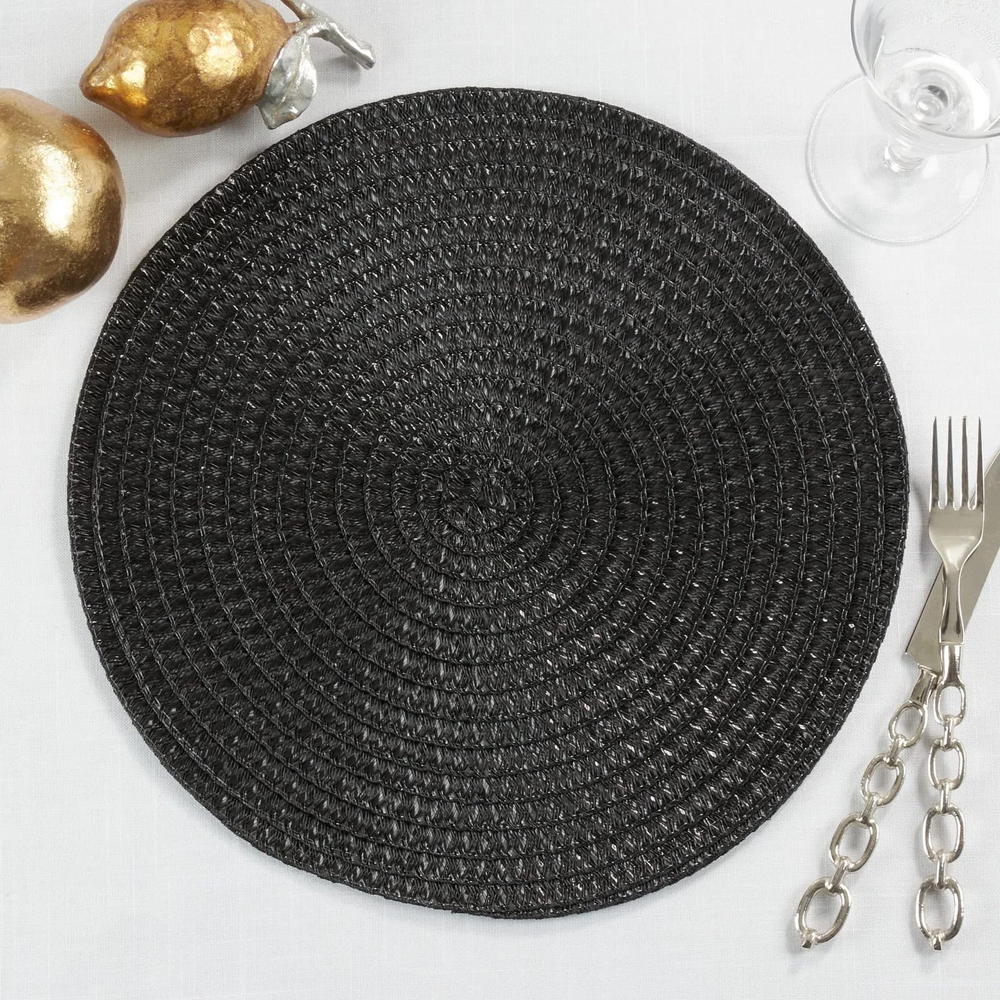 Fennco Styles Modern Everyday Textured Placemats 15 Inches Round, Set of 4 – Black Woven Table Mats for Home, Dining Room Décor, Banquets, Indoor & Outdoor and Special Events