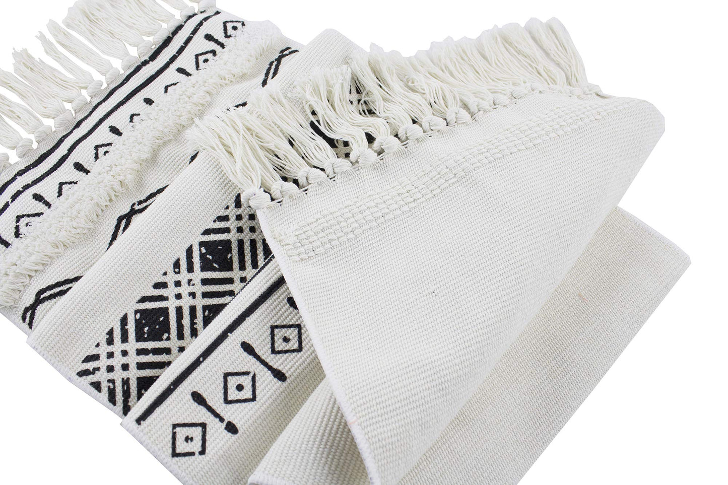 Fennco Styles Boho Farmhouse Woven Fringe Tasseled 14 x 71 Inch Tribal Table Runner – White and Black Table Runner for Everyday Use, Dinner Parties, Special Events and Home Décor