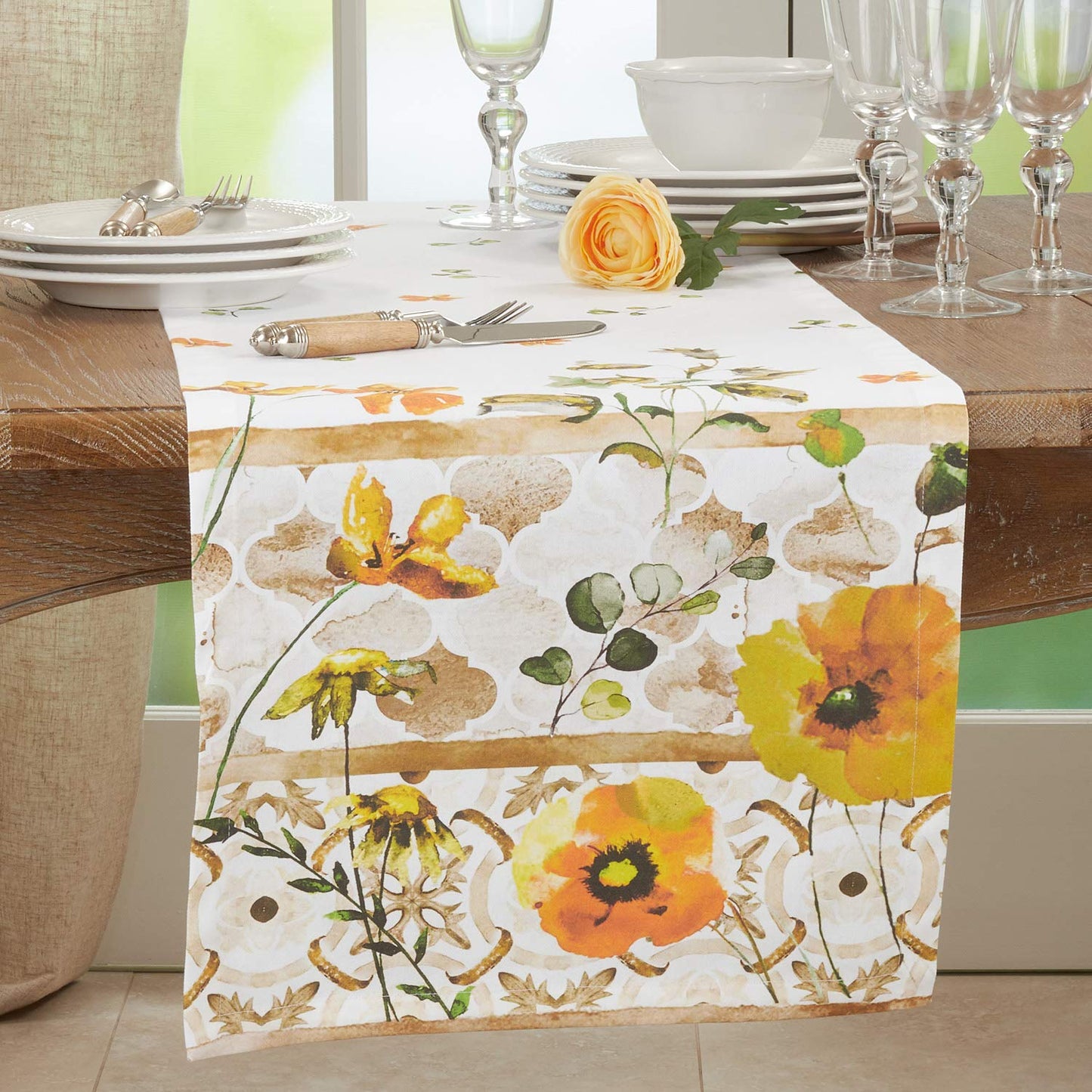 Fennco Styles Garden Floral Block Print Cotton Table Linen - Multicolor Table Cover for Home Decor, Holiday, Family Gathering