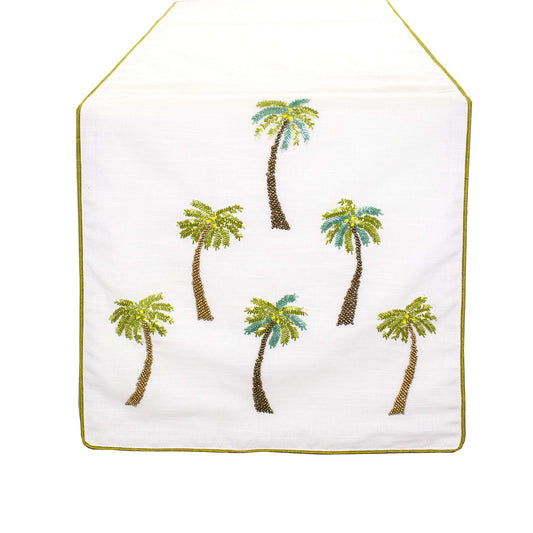 Fennco Styles Raquel Collection Beaded Palm Trees 100% Pure Cotton 16 x 72 Inch Table Runner – White Table Runner for Indoor Party, Family Gathering, Beach House and Home Décor