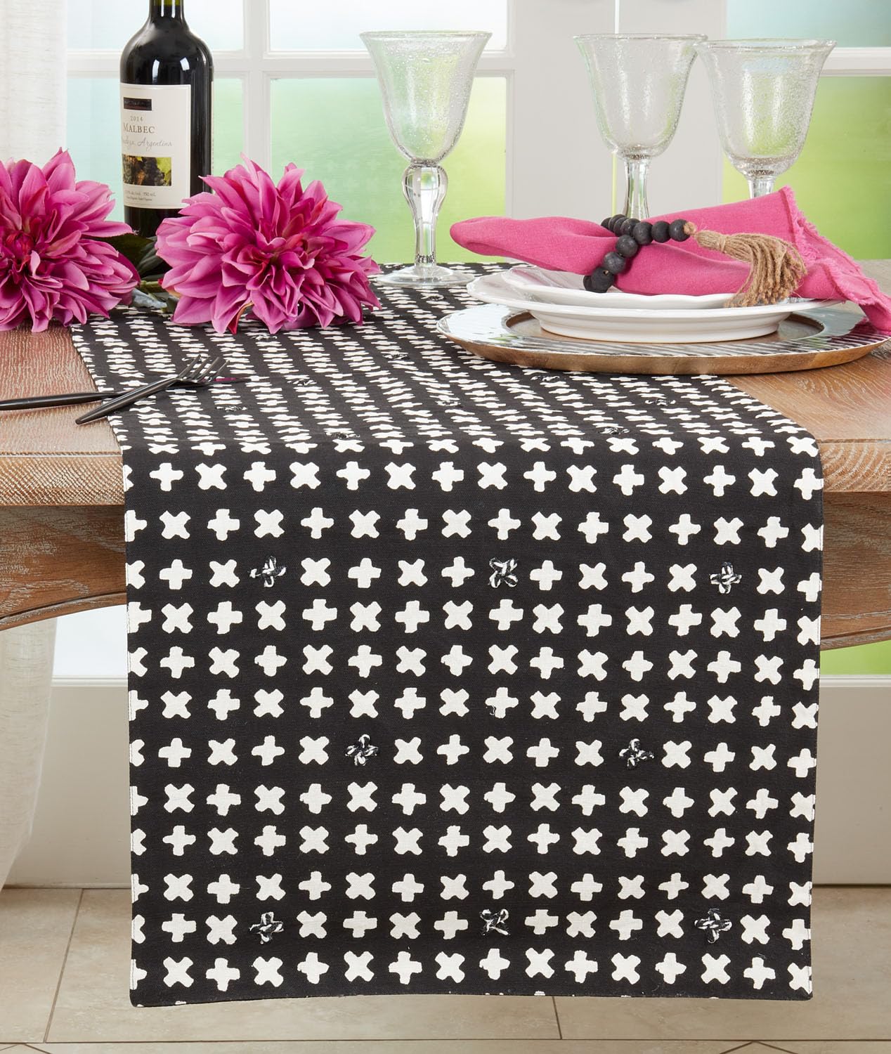 Fennco Styles Embroidered Crossses Design Cotton Table Runner 16" W x 72" L - Black Textured Woven Table Cover for Everyday Use, Dining Room, Banquets, Family Gatherings, Holidays and Home Décor