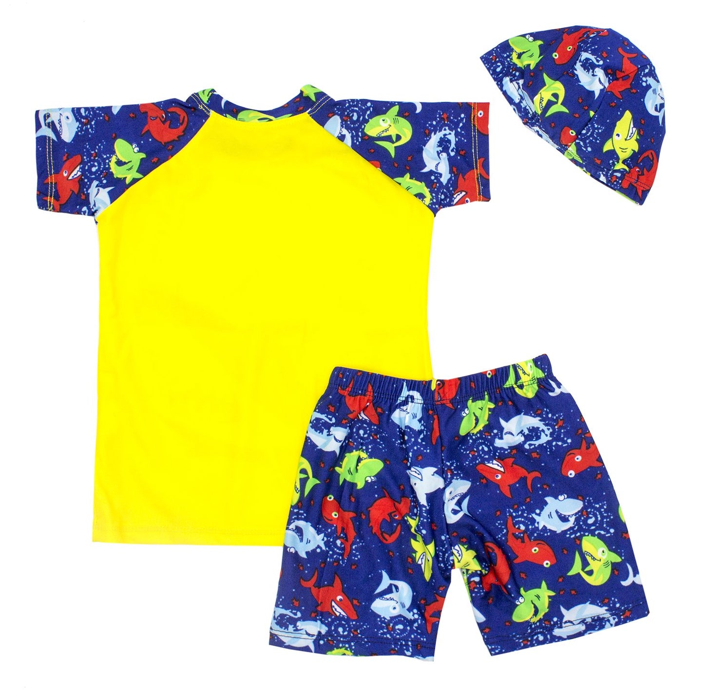 stylesilove Kids Boy Cartoon Dinosaur Shark Rashguard Top & Swim Shorts with Hat 3 pcs Set
