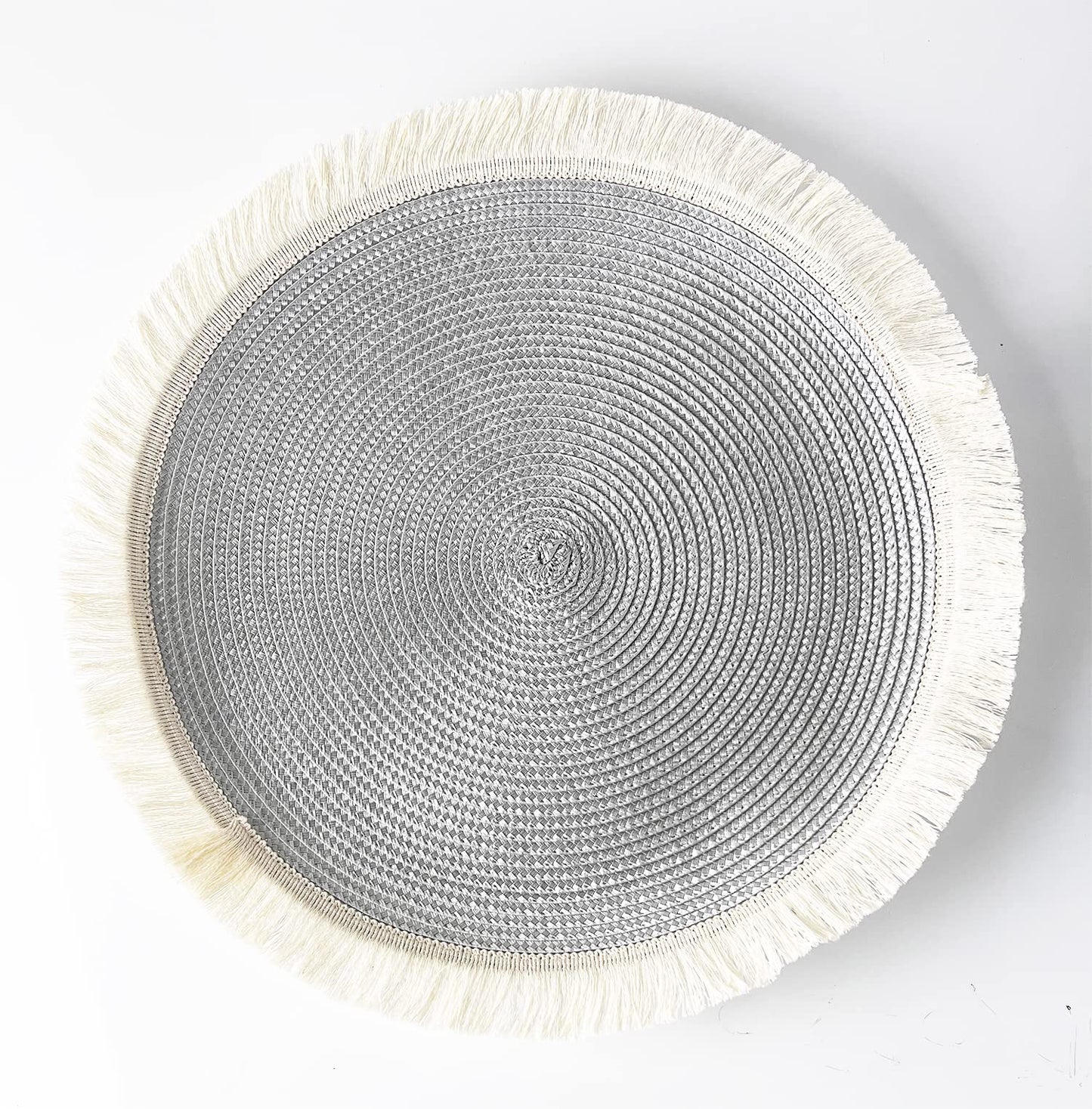 Fennco Styles Hand Braided Fringe Boho Placemats 15 Inch Round, Set of 4 - Beige & White Woven Textured Table Mats for Home, Dining Room, Banquets, Family Gathering and Special Occasion