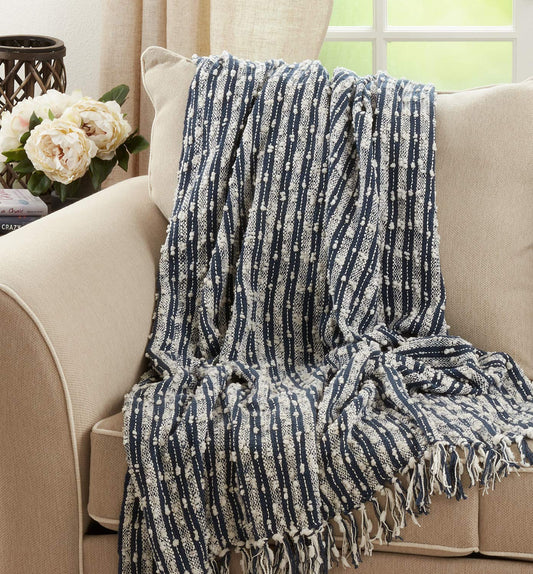 Fennco Styles Striped Cotton Throw Blanket with Tassel 50" W x 60" L – Navy Blue Blanket for Couch, Bedroom and Living Room Décor