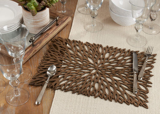 Fennco Styles Unique Engineered Wood Laser Cut Placemats 12"x18" Rectangular, Set of 4 – Brown Modern Traycloth Table Mats for Home, Dining Room Décor, Banquets, Indoor Outdoor and Special Events