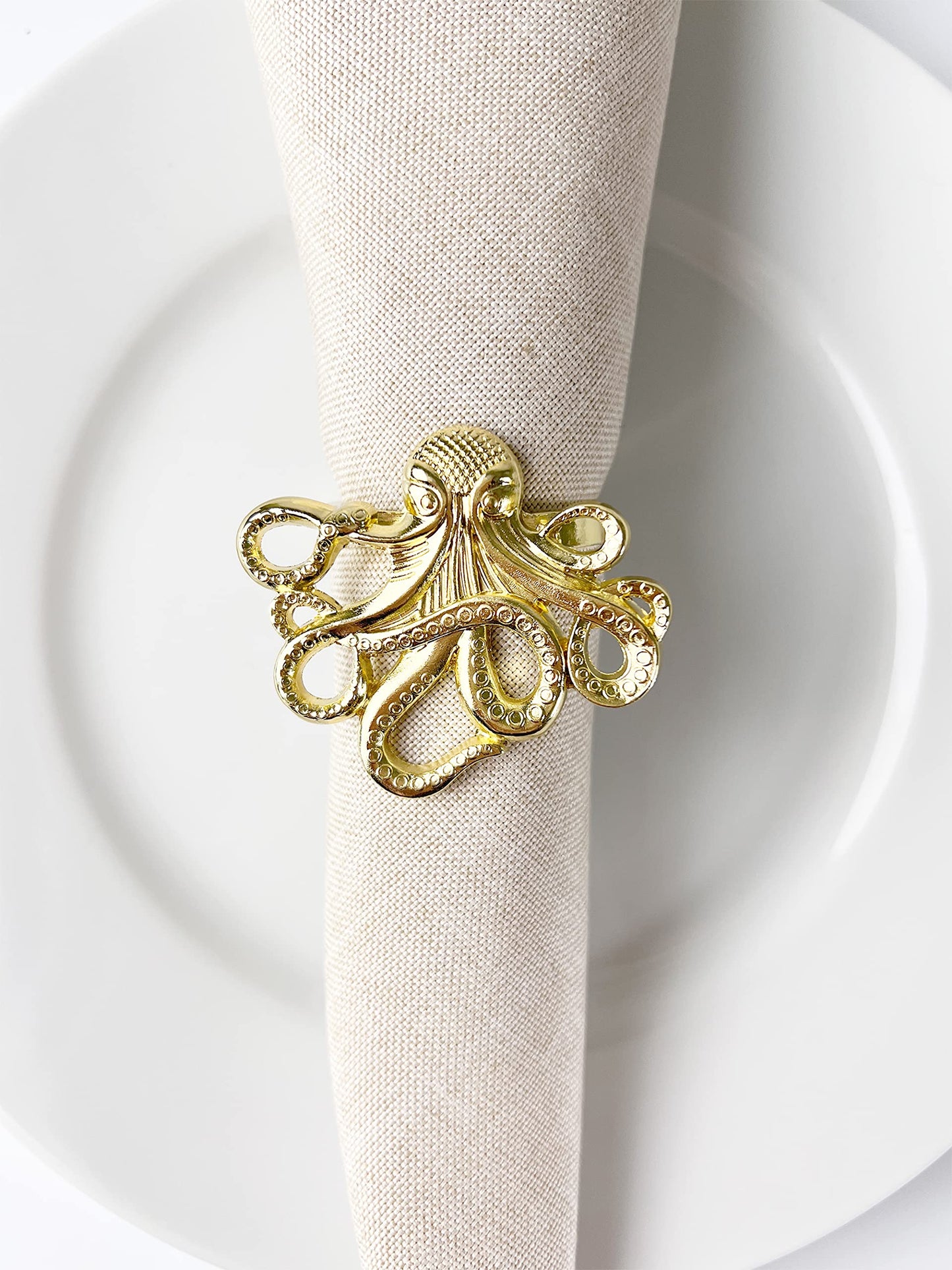 Fennco Styles Coastal Octopus Metal Napkin Rings, Set of 4 - Gold Nautical Napkin Holders for Home Décor, Dining Table, Banquets, Family Gathering and Special Occasions