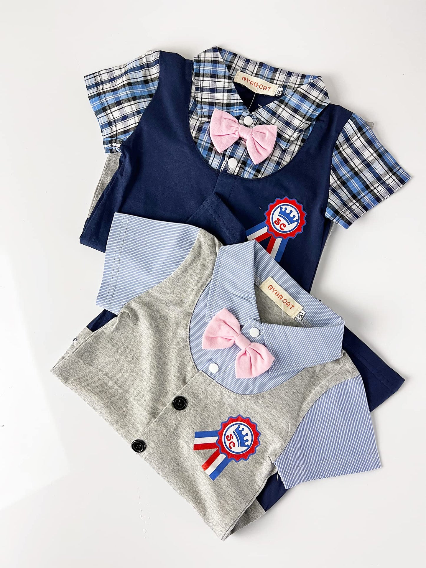 Styles I Love Infant Toddler Baby Boy Plaid Award Badge Tuxedo Baby Cotton Romper (Navy, 80/6-12 Months)