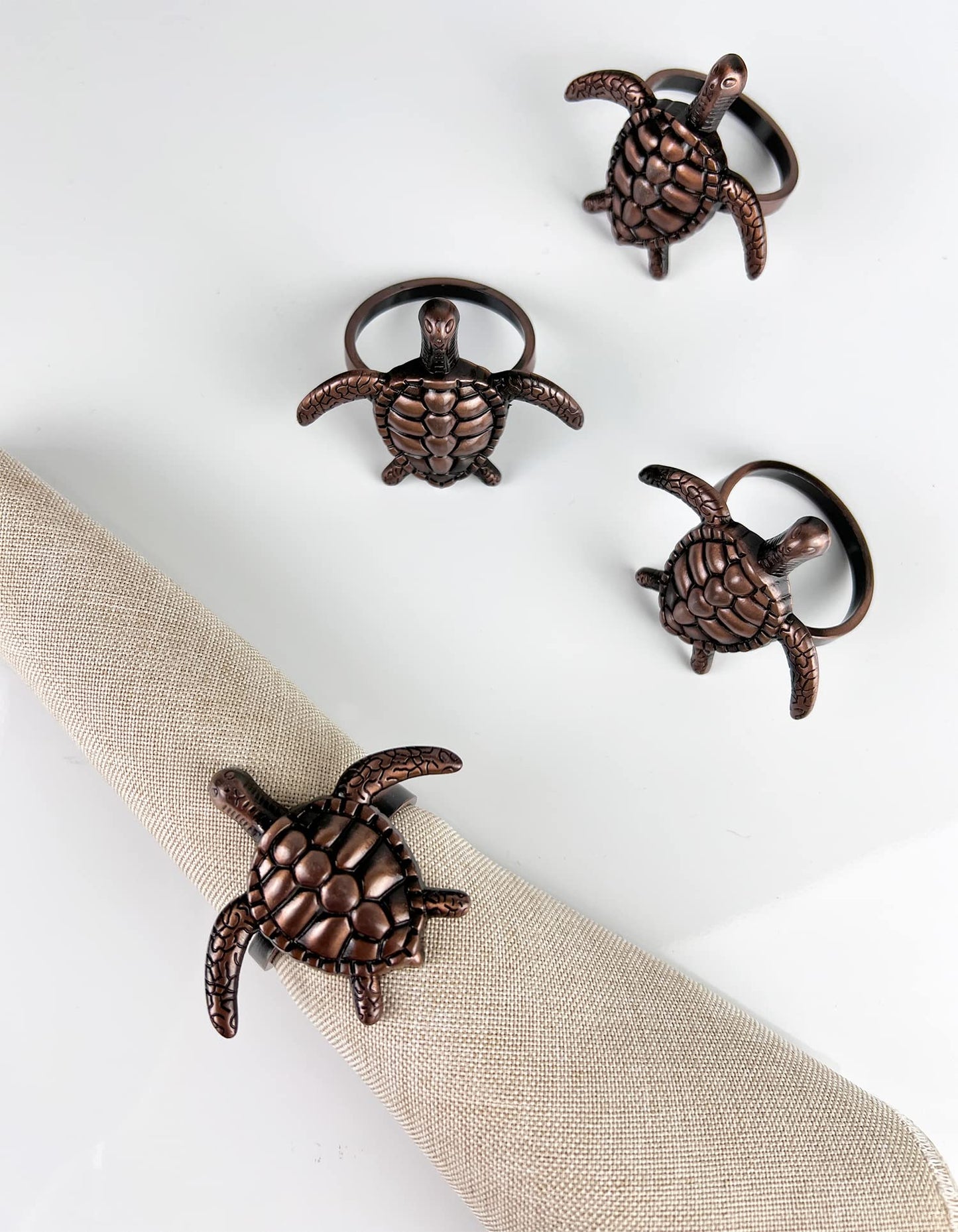 Fennco Styles Nature's Touch Sea Turtle Metal Napkin Rings, Set of 4 – Bronze Sea Creatures Napkin Holders for Family Dinner, Themed Party, Table Décor, Banquets, Holidays and Special Occasion