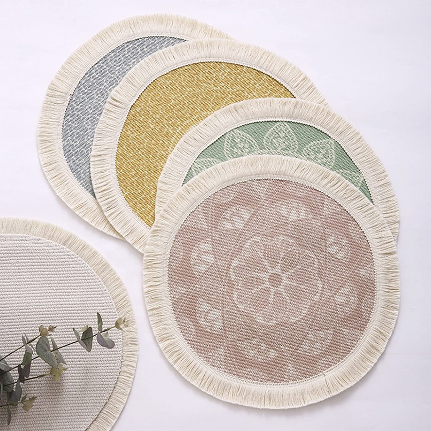 Fennco Styles Unique Dream Catcher Fringe Cotton Placemats 14-inch Round, Set of 4 - Boho Decorative Table Mats for Home Decor, Dining Table, Banquets and Special Events