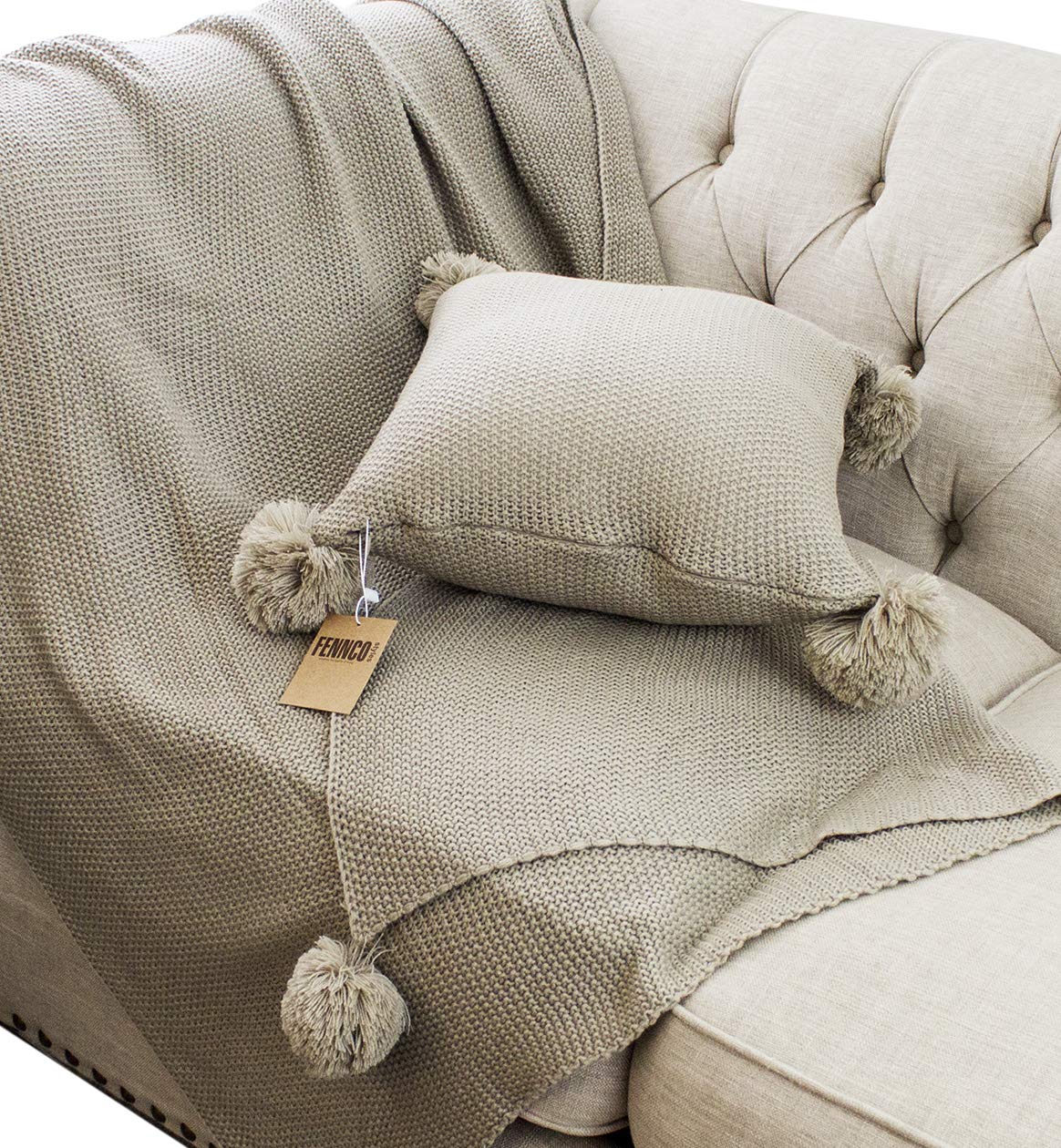 Fennco Styles Chunky Knit Pom Pom Design Solid Color Decorative Throw Pillow Cover 16" W X 16" L - 2 Colors