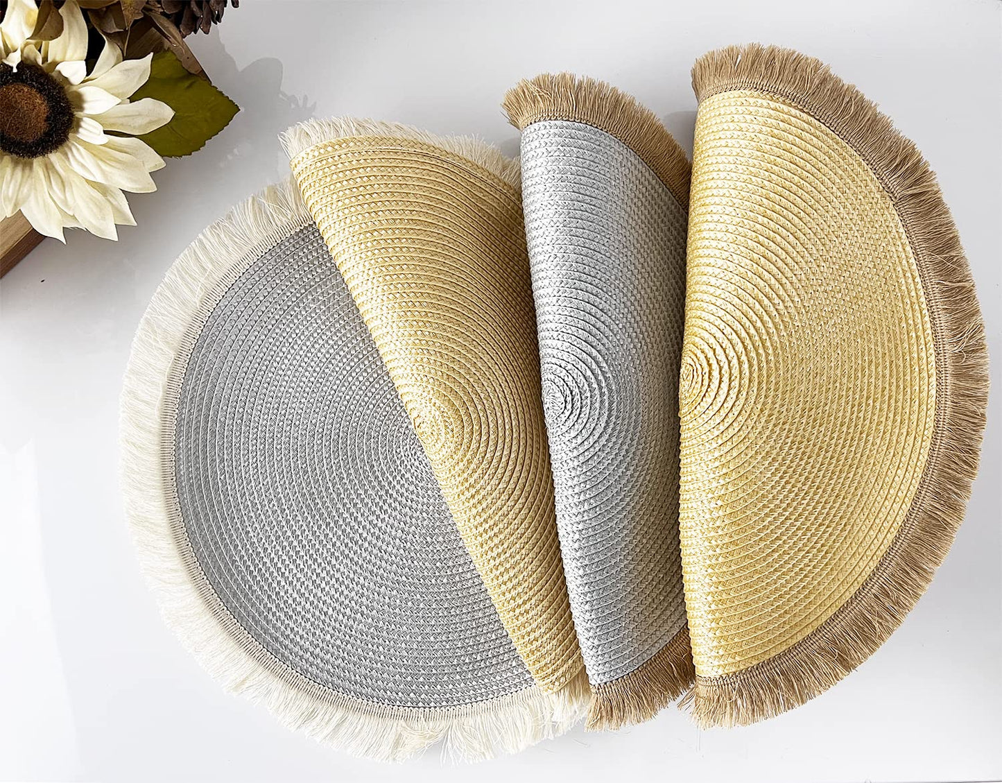 Fennco Styles Hand Braided Fringe Boho Placemats 15 Inch Round, Set of 4 - Beige & White Woven Textured Table Mats for Home, Dining Room, Banquets, Family Gathering and Special Occasion