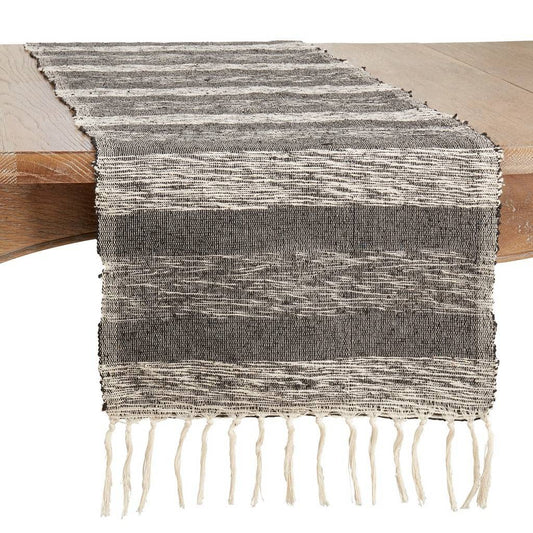 Fennco Styles Casual Striped Cotton Tassels Table Runner 16" W x 72" L - Black & White Woven Table Cover for Home Décor, Dining Table, Banquets, Family Gathering and Special Events