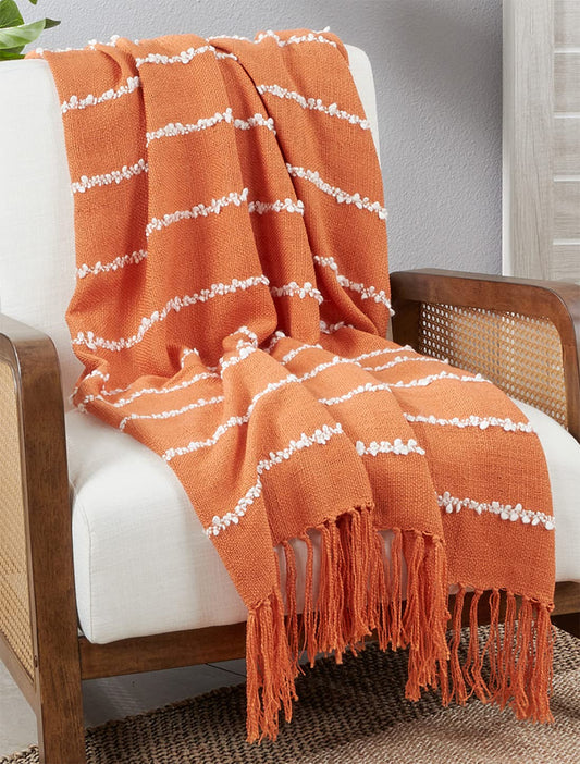 Fennco Styles Striped Design Tassel Throw Blanket 50" W x 60" L – Rust Woven Textured Blanket for Bed, Couch, Sofa, Holidays, Home Décor and Office Décor