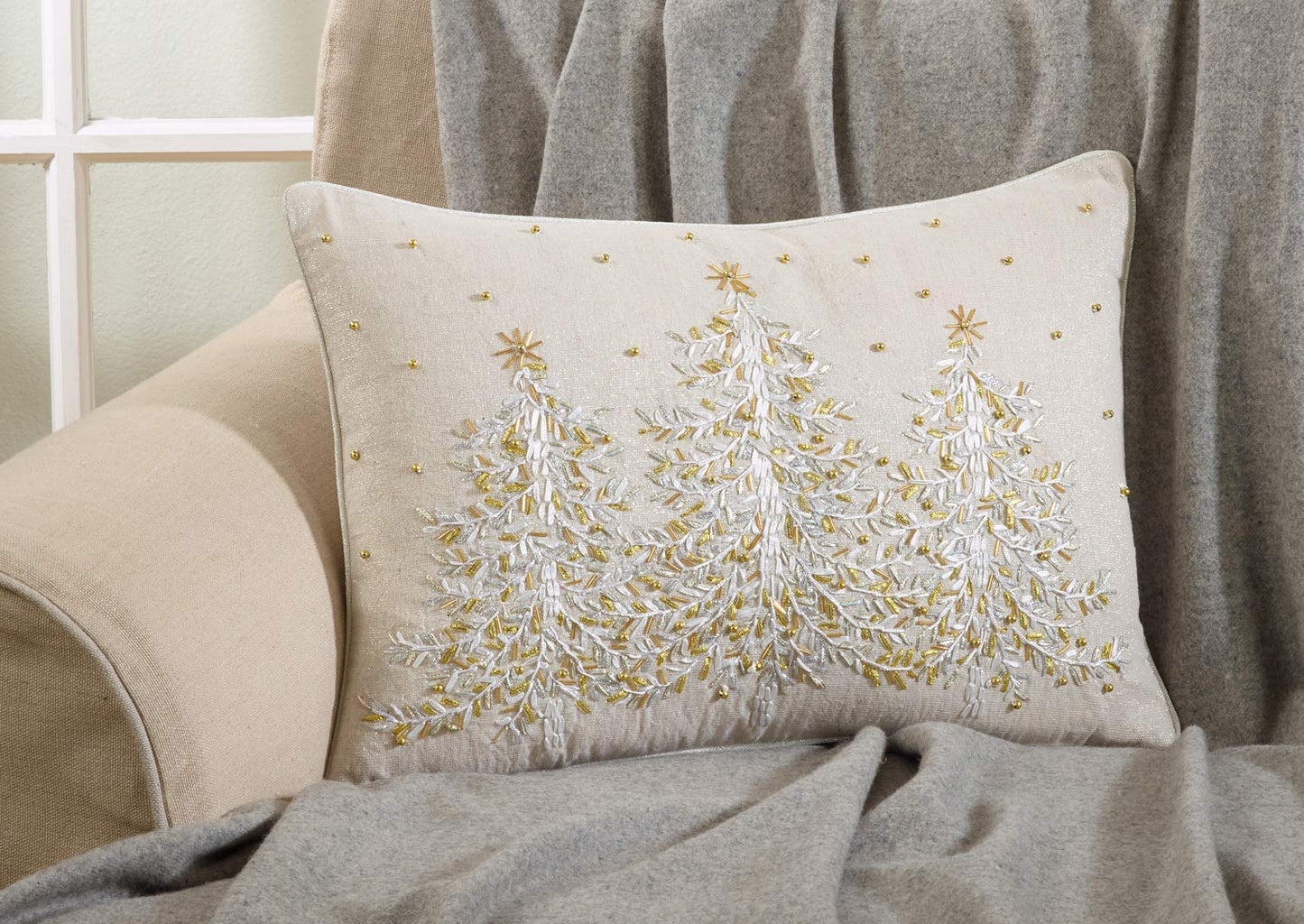 Fennco Styles Embroidered Christmas Tree 100% Cotton Decorative Throw Pillow 14" W x 20" L – Natural Holiday Cushion for Christmas, Home, Couch, Bedroom, Living Room and Office Décor
