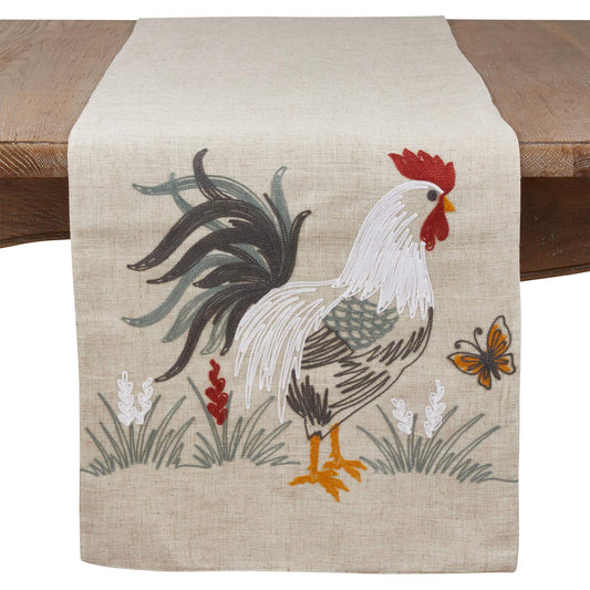 Fennco Styles Farmhouse Country Rooster Embroidered Linen Blend Table Runner 16 x 70 Inch - Natural Table Cover for Everyday Use, Holiday, Family Gathering and Special Occasion