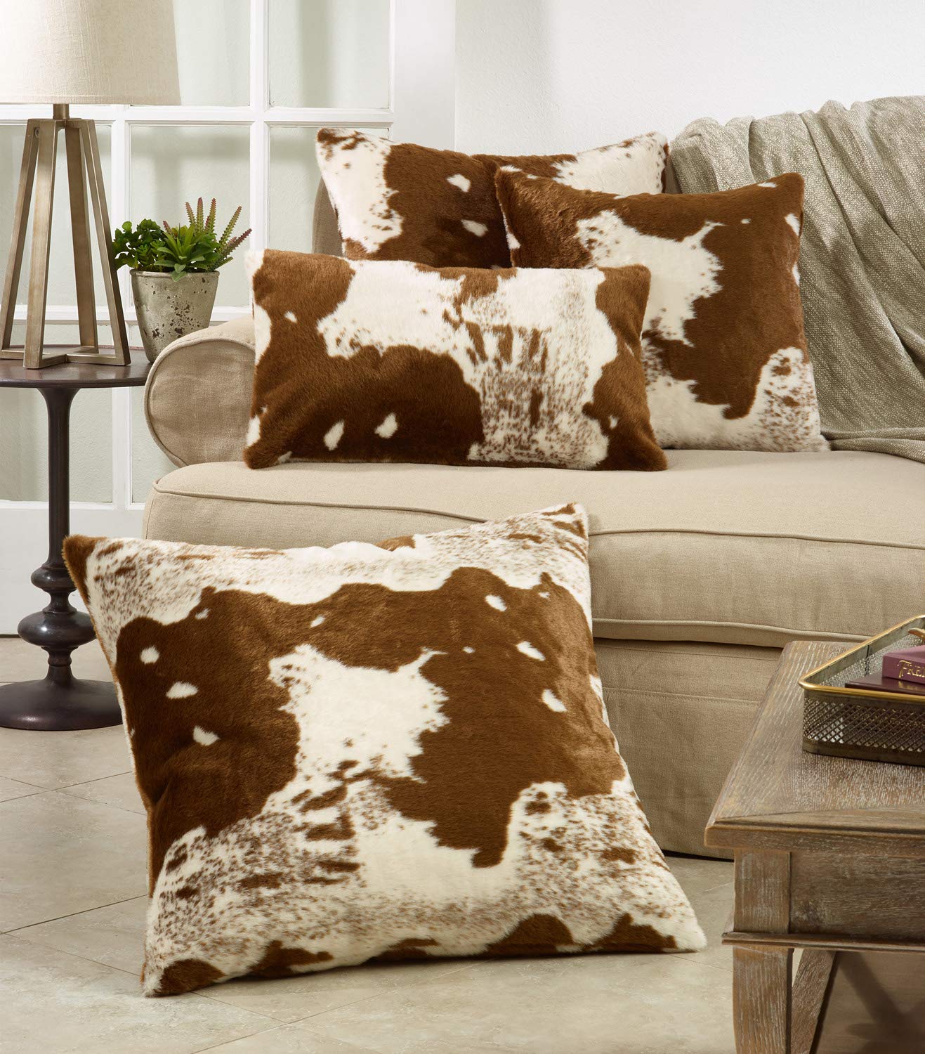 Fennco Styles Rustic Faux Fur Cow Hide 18 x 18 Inch Decorative Throw Pillow with Case & Insert – Brown Fur Pillow for Couch, Bedroom and Living Room Décor