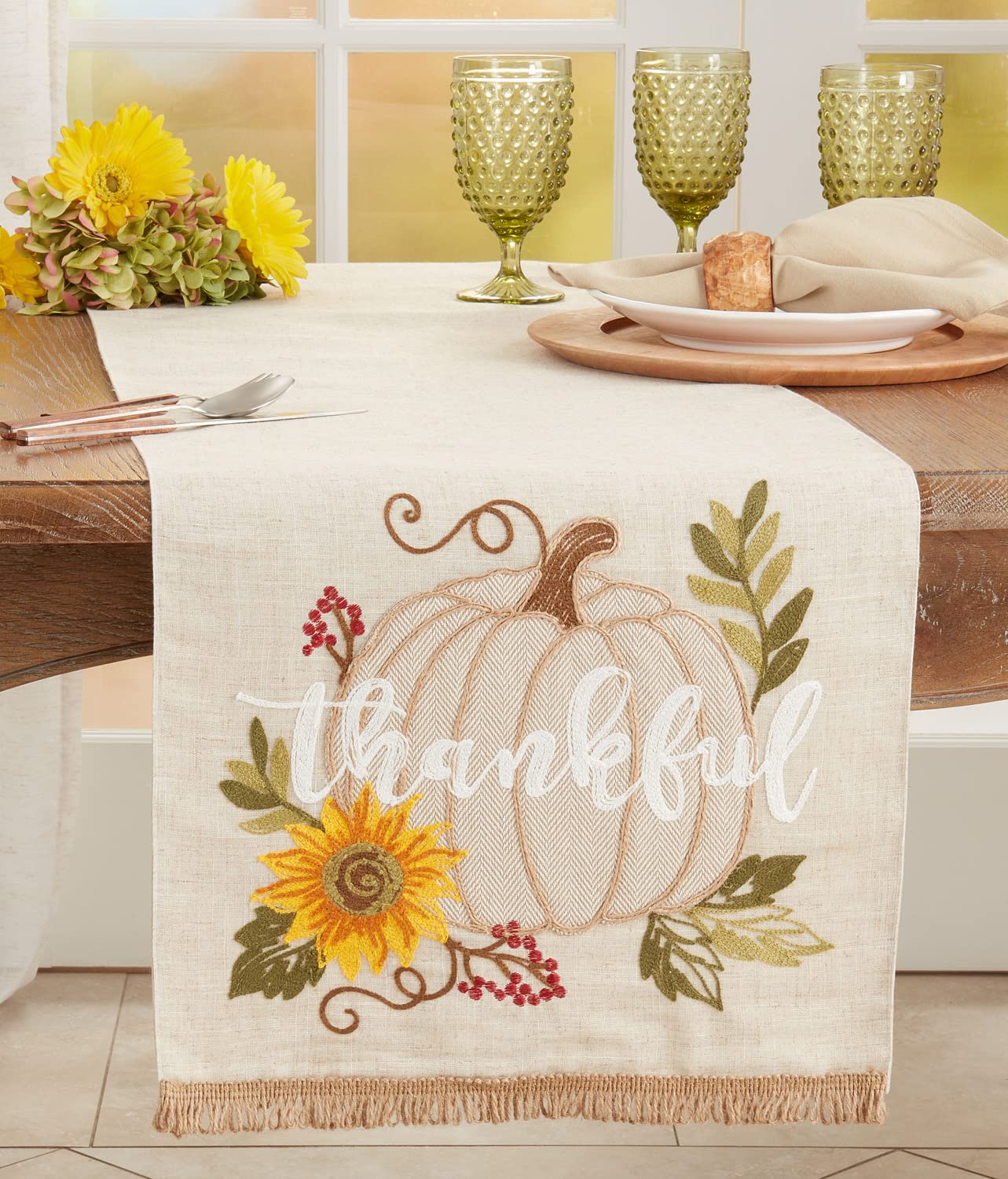 Fennco Styles Thankful Pumpkin Design Linen Blend Table Runner 16" W X 70" L - Natural Holiday Table Cover for Home Décor, Thanksgiving, Banquets, Family Gatherings and Special Occasions