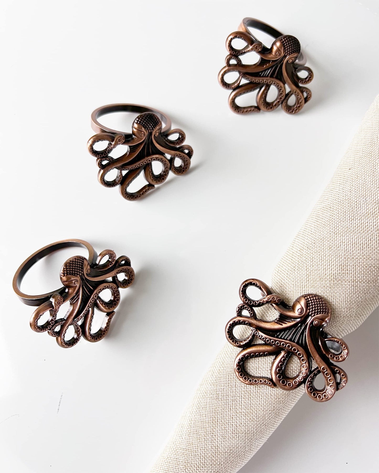 Fennco Styles Coastal Octopus Metal Napkin Rings, Set of 4 - Gold Nautical Napkin Holders for Home Décor, Dining Table, Banquets, Family Gathering and Special Occasions