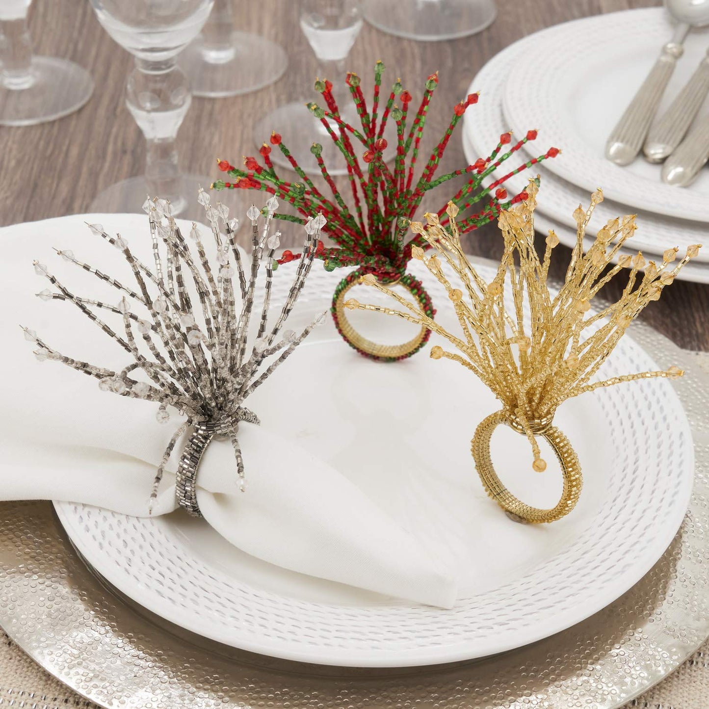 Fennco Styles Hand Beaded Spray Design Decorative Napkin Rings, Set of 4 - Silver Glass Beads Napkin Holders for Home, Dining Table, Banquets, Christmas Décor and Special Occasion