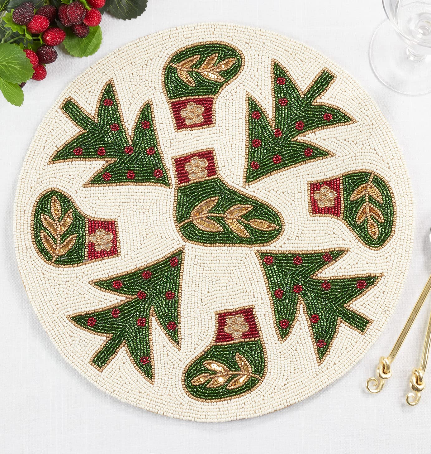 Fennco Style Hand Beaded Christmas Stockings and Trees Holiday Placemat 15" Round, 1-Piece - Red & Green Table Mat for Banquets and Home Décor