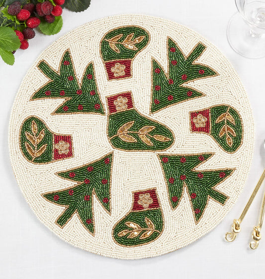 Fennco Style Hand Beaded Christmas Stockings and Trees Holiday Placemat 15" Round, 1-Piece - Red & Green Table Mat for Banquets and Home Décor