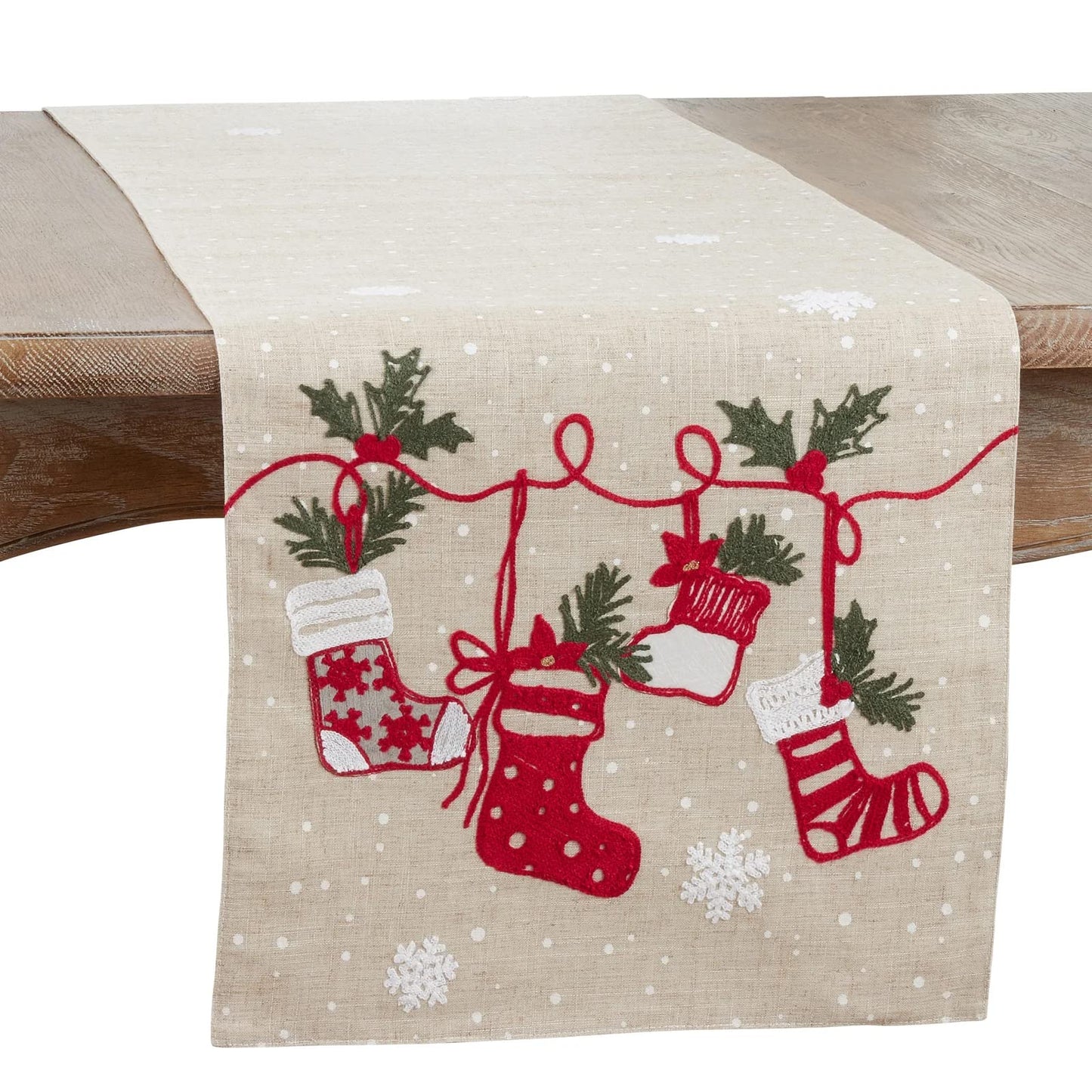 Fennco Styles Embroidered Christmas Stocking Table Runner 16" W x 70" L - Natural Festive Table Cover for Christmas Décor, Home, Banquet, Family Gathering, Holiday and Special Occasion