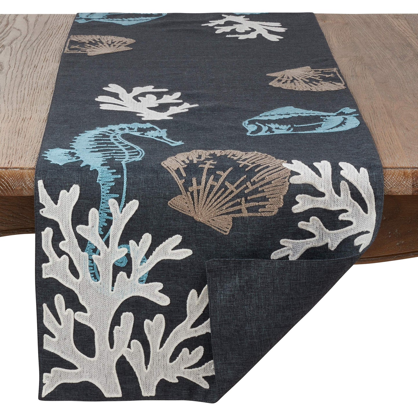 Fennco Styles Coastal Collection Sea Life Embroidered Table Runner 16 x 70 Inch - Navy Blue Table Cover for Everyday Use, Family Gathering, Banquets and Special Occasion