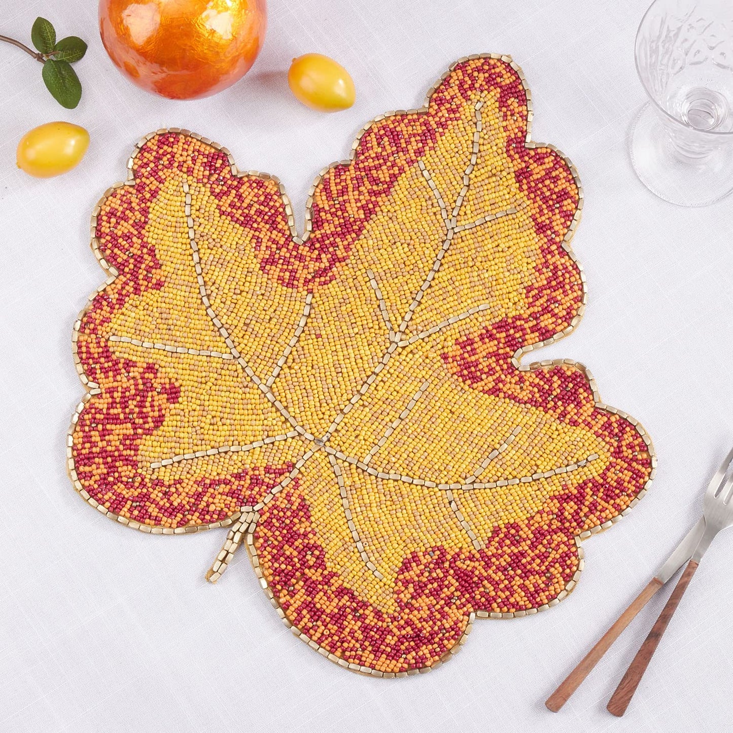 Fennco Styles Hand Beaded Maple Leave Placemat 15" Round, 1- Piece - Orange Holiday Table Mat for Home Décor, Family Gathering, Banquets, Thanksgiving and Special Occasion