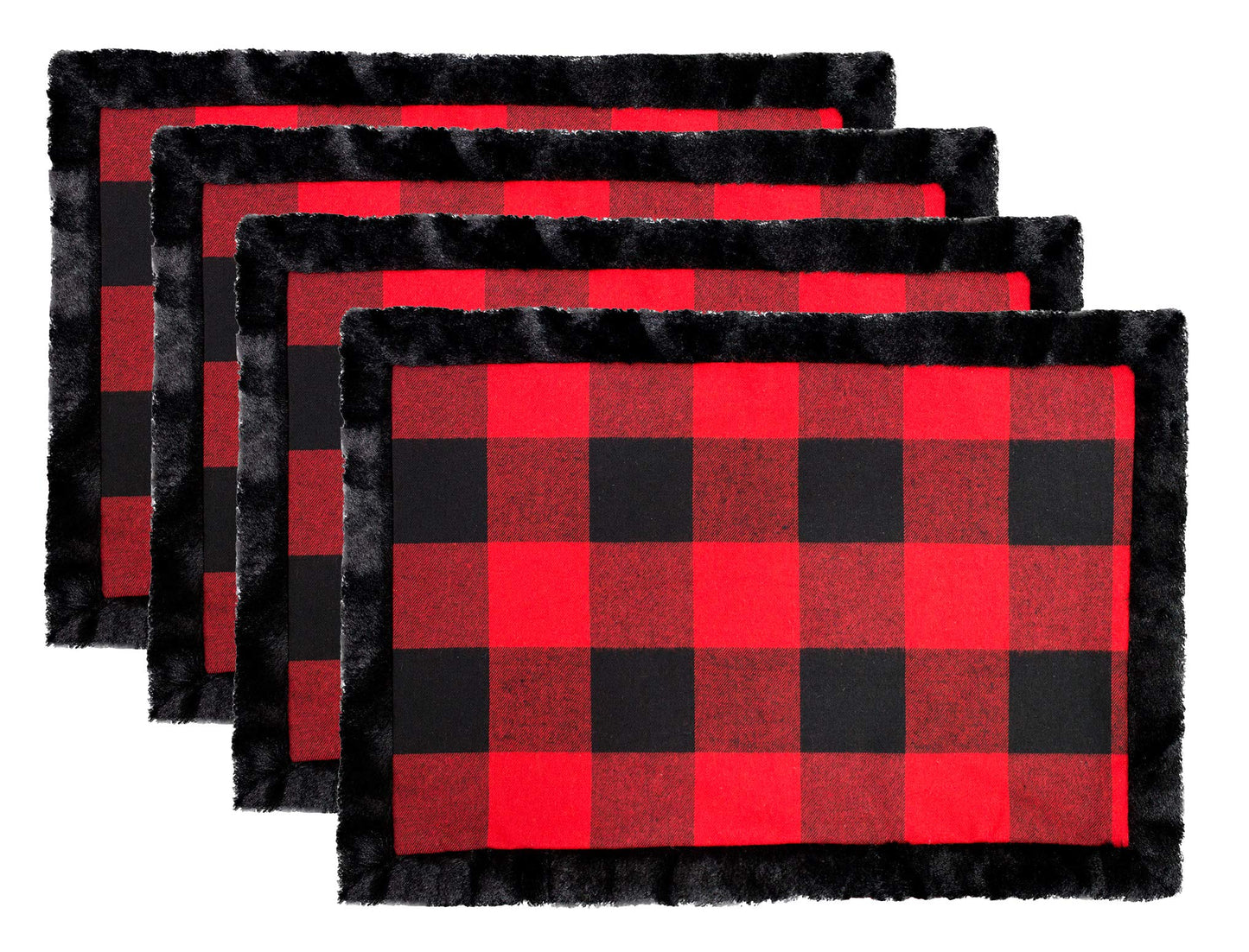 Fennco Styles Unique Christmas Buffalo Plaid Red and Black with Faux Fur Border Design Placemat (Black Fur Placemat 13"x19" Set of 4)