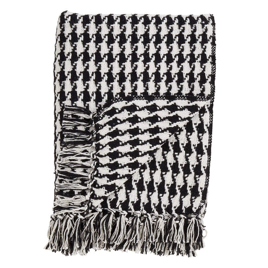 Fennco Styles Houndstooth Tassels 100% Cotton Woven Decorative Throw Blanket, 50" x 60", Black and White