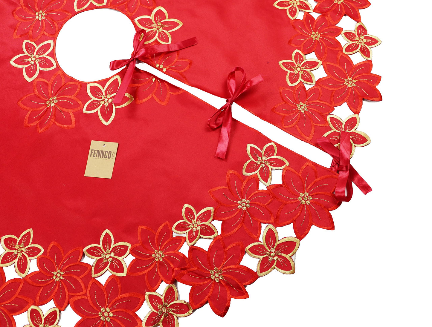 Fennco Styles Embroidered Poinsettia Cutwork Red Christmas Tree Skirt 68 Inch Round for Home, Holiday Decoration and Special Occasion