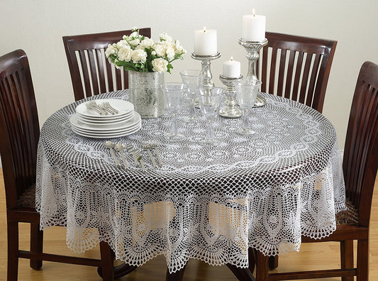 Fennco Styles Classic Crochet Vinyl Tablecloth, 2 Colors - 72" Round (White)